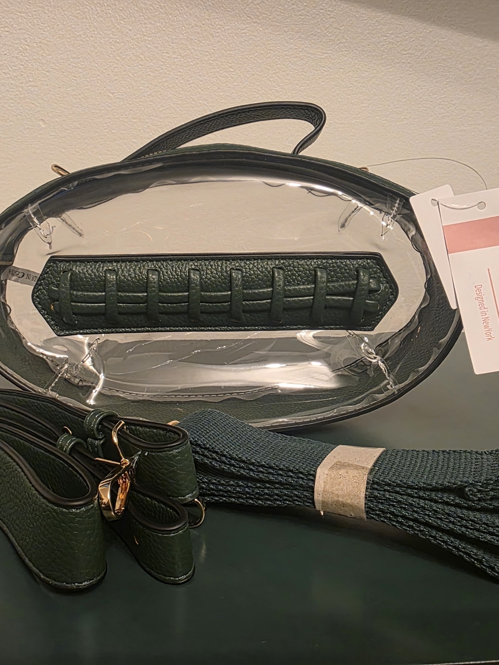 Football Shaped Clear Crossbody Bag with Dark Green Leather Trim